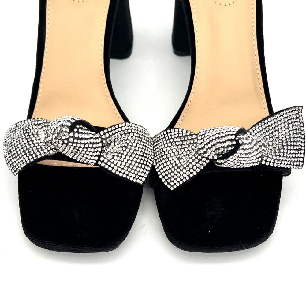 Comfort Black Velvet Ankle Strap Block Heels Womens Shoes Size 8 Rhinestone Bow - Picture 13 of 16